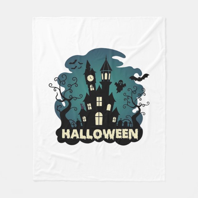 Halloween Spukhaus Uhrturm Fledermäuse Geist_1 Fleecedecke (Vorderseite)