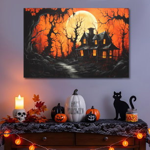 Halloween Spukschloss bei bernsteinfarbenem Dämmer Leinwanddruck