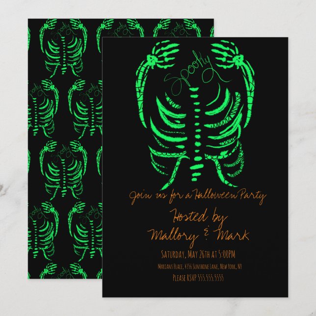 Halloween Squelette Dessin Costume Fête Invitation (Devant / Derrière)