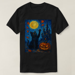 Halloween Starry Night Black Cat Art T-Shirt