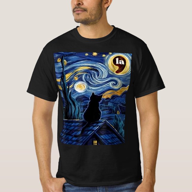 Halloween Starry Night Black Cat Comma La Kamala T-Shirt (Vorderseite)