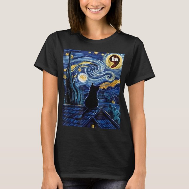 Halloween Starry Night Black Cat Comma La Kamala T-Shirt (Vorderseite)