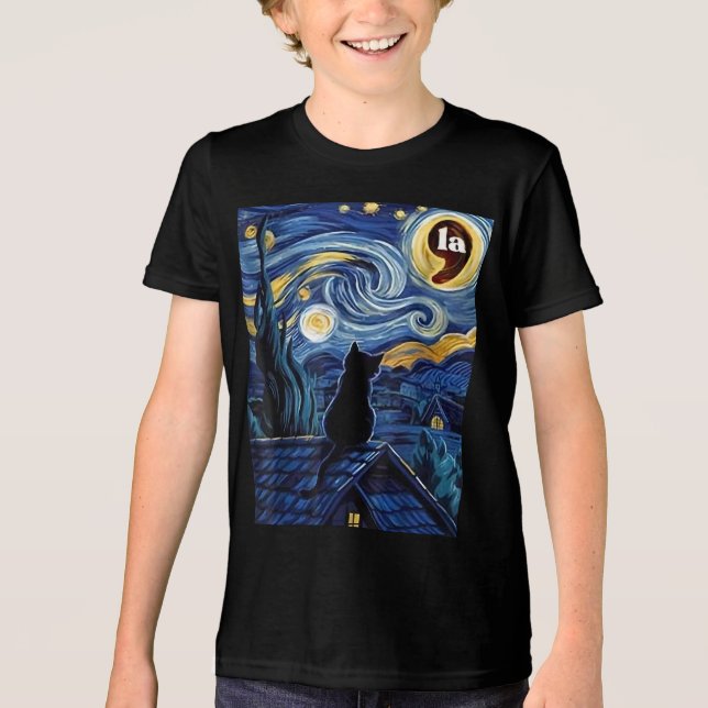 Halloween Starry Night Black Cat Comma La Kamala Tri-Blend Shirt (Vorderseite)