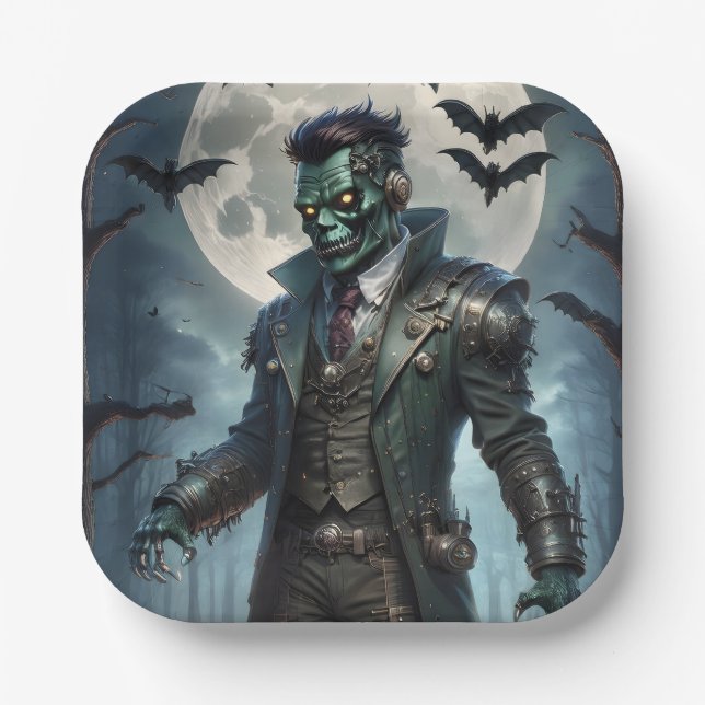 Halloween Steampunk Frankensteins Monster Pappteller (Vorderseite)