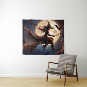 Halloween-Steampunk-Hexe-Mondlicht-Flug Wandteppich