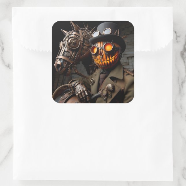 Halloween Steampunk Jack-O-Lantern Horseman Quadratischer Aufkleber (Tasche)