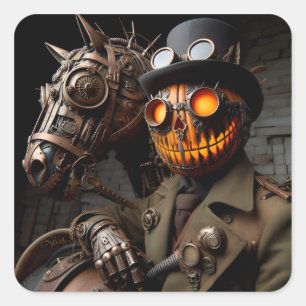 Halloween Steampunk Jack-O-Lantern Horseman Quadratischer Aufkleber