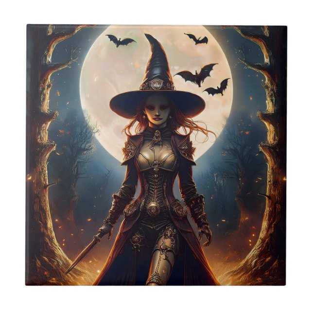 Halloween-Steampunk-Waldhexe Fliese (Vorderseite)