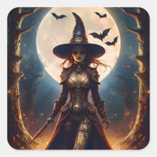 Halloween Steampunk Waldhexe Quadratischer Aufkleber