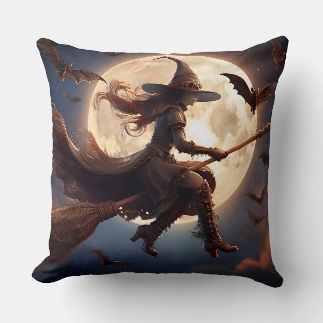 Halloween Steampunk Witch Moonlight Flight Kissen (Vorderseite)