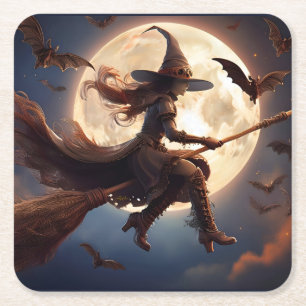 Halloween Steampunk Witch Moonlight Flight Rechteckiger Pappuntersetzer