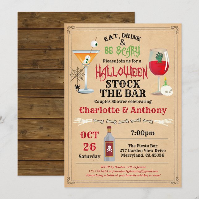 Halloween Stock die Bar Paare duschen rustikal Einladung (Vorne/Hinten)