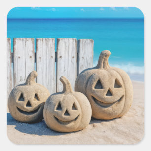 Halloween Strand Sand Jack o' Lanterns  Quadratischer Aufkleber