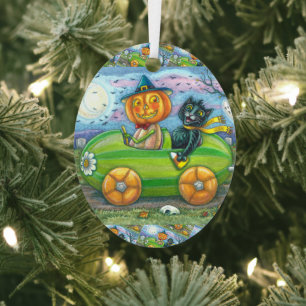 HALLOWEEN-STRAßENFAHRT, JACK UND SCHWARZE KATZENFR ORNAMENT AUS METALL