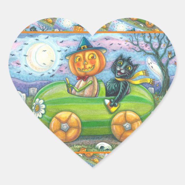 HALLOWEEN STRASSENVERKEHR, JACK UND SCHWARZE KATTE Herz-Aufkleber (Vorderseite)