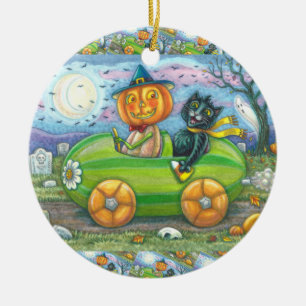 HALLOWEEN STRASSENVERKEHR, JACK UND SCHWARZE KATTE KERAMIK ORNAMENT