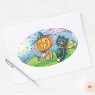 HALLOWEEN STRASSENVERKEHR, JACK UND SCHWARZE KATTE OVALER AUFKLEBER