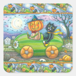 HALLOWEEN STRASSENVERKEHR, JACK UND SCHWARZE KATTE QUADRATISCHER AUFKLEBER