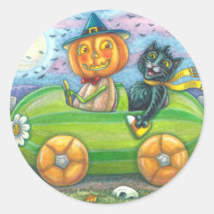 HALLOWEEN STRASSENVERKEHR, JACK UND SCHWARZE KATTE RUNDER AUFKLEBER