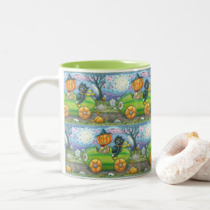 HALLOWEEN STRASSENVERKEHR, JACK UND SCHWARZE KATTE ZWEIFARBIGE TASSE