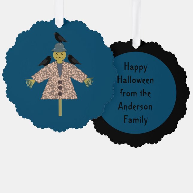 Halloween Straw Scarecrow und Ravens Custom Ornament Karte (Vorderseite/Rückseite)