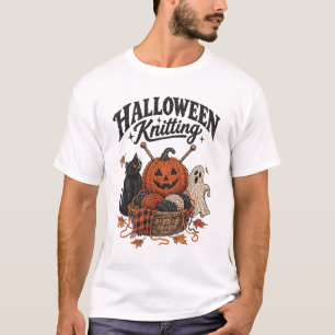 Halloween Stricken Schwarze Katze Kürbis Geist T-Shirt