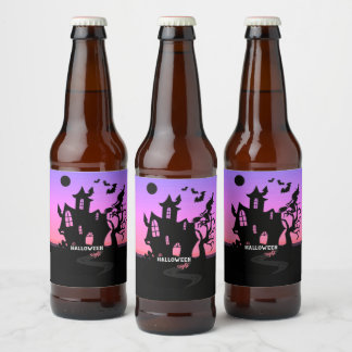 Halloween Sunset Night Hexe and Bats Hunted House Bierflaschenetikett