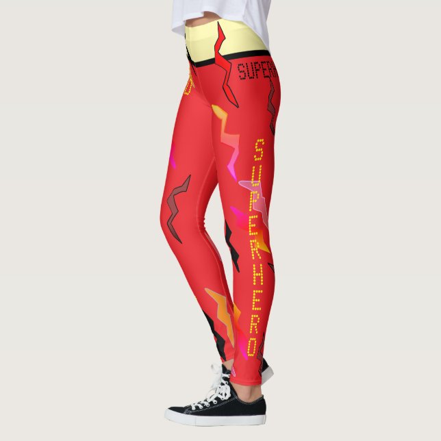 Halloween Superhero Red Cream Lightning Bolts Leggings (Links)