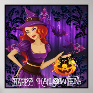 Halloween Süße Gruselige Whimsical Hexe Lila  Poster