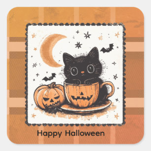 Halloween Süße Katze Kürbis Quadratischer Aufkleber