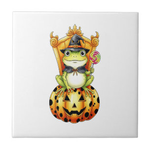 Halloween Süßer Frosch auf Kürbis Fliese