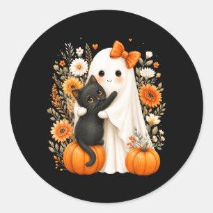 Halloween Süßer Geist Schwarze Katze Kürbis Floral Runder Aufkleber