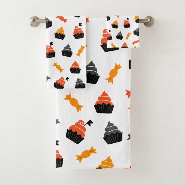 Halloween-Süßigkeiten und Kuchen-Muster Badhandtuch Set (Insitu)