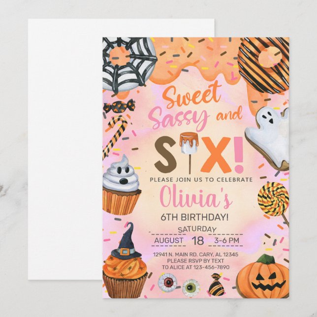Halloween Sweet sassy sechs Mädchen zum 6. Geburts Einladung (Vorne/Hinten)
