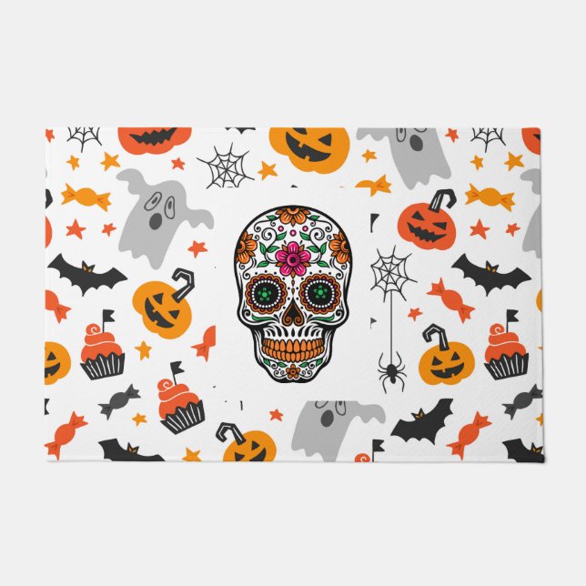 Halloween-Symbole und Zuckerschädel Fußmatte (Vorderseite)