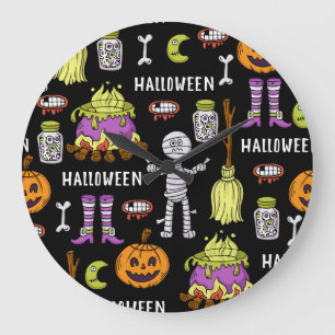 Halloween-Symbole, vintage nahtloses Thema Große Wanduhr