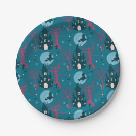 Halloween-Szene mit Himbeerrosa Bäumen Pappteller