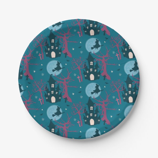 Halloween-Szene mit Himbeerrosa Bäumen Pappteller (Vorderseite)