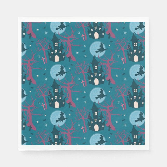 Halloween-Szene mit Himbeerrosa Serviette (Vorderseite)