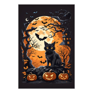 Halloween-Szene mit Katzen, Spinnen und Kürbis Fotodruck