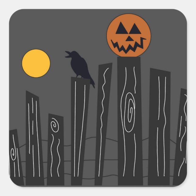 Halloween-Szene mit Kürbis, Krähe und Mond Quadratischer Aufkleber (Vorderseite)