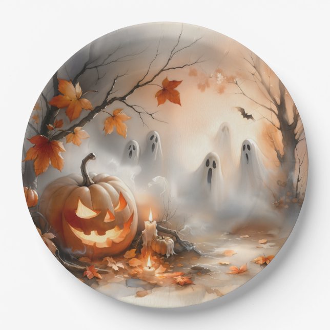 Halloween-Szene mit Kürbis und Geistern Pappteller (Vorderseite)