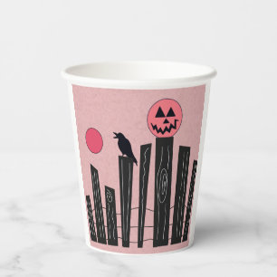 Halloween-Szene mit Zaun, Krähe, Vollmond Pappbecher