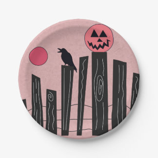 Halloween-Szene mit Zaun, Krähe, Vollmond Pappteller