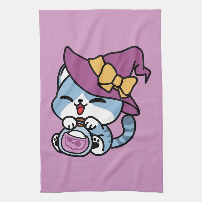 Halloween Tabby Cat – Witch Hat & Potion Art Geschirrtuch (Vertikal)