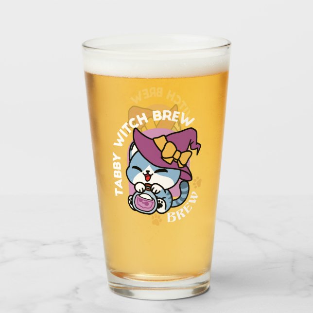 Halloween Tabby Cat – Witch Hat & Potion Art Glas (Vorne (Gefüllt))