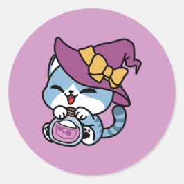 Halloween Tabby Cat – Witch Hat & Potion Art Runder Aufkleber
