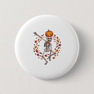 Halloween tanzendes Skelett Kürbiskopf Herbstlaub Button