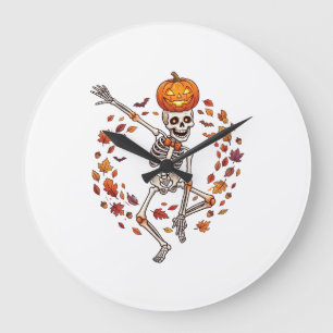 Halloween tanzendes Skelett Kürbiskopf Herbstlaub Große Wanduhr