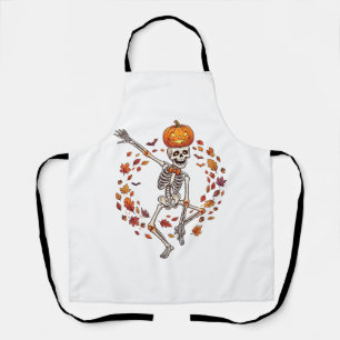 Halloween tanzendes Skelett Kürbiskopf Herbstlaub Schürze